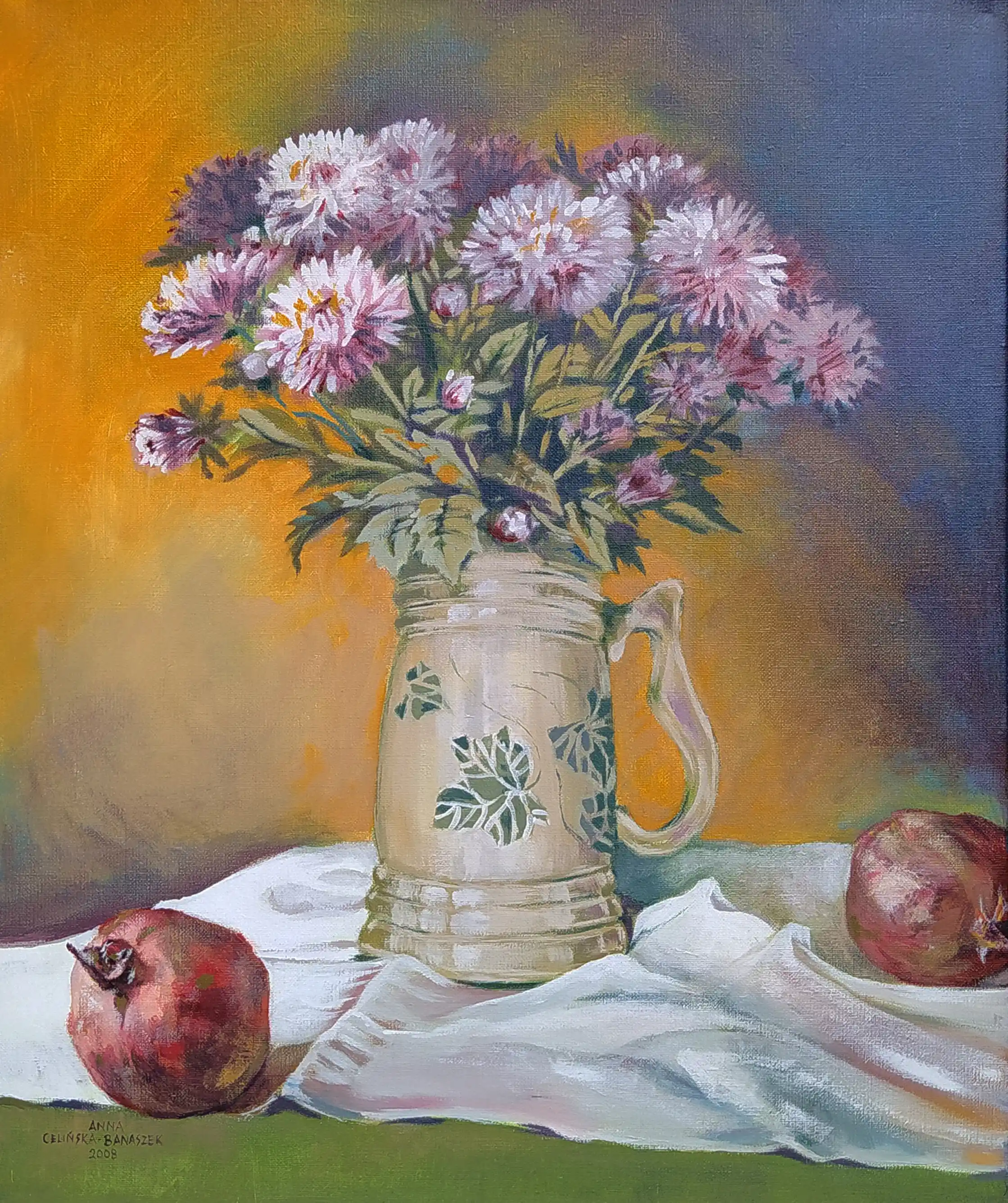 Zdjęcie obrazu Anna Celińska-Banaszek - Martwa natura z astrami w kuflu i granatami - Anna Celińska-Banaszek. Foksal17 - Galeria Sztuki w Warszawie.