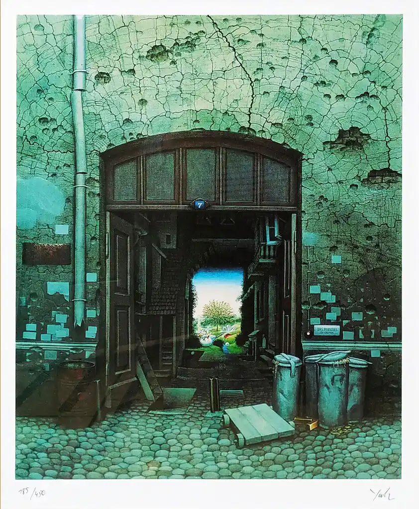 Zdjęcie obrazu Jacek Yerka - Raj w podwórzu(185/450)-A2 - Jacek Yerka. Foksal17 - Galeria Sztuki w Warszawie.