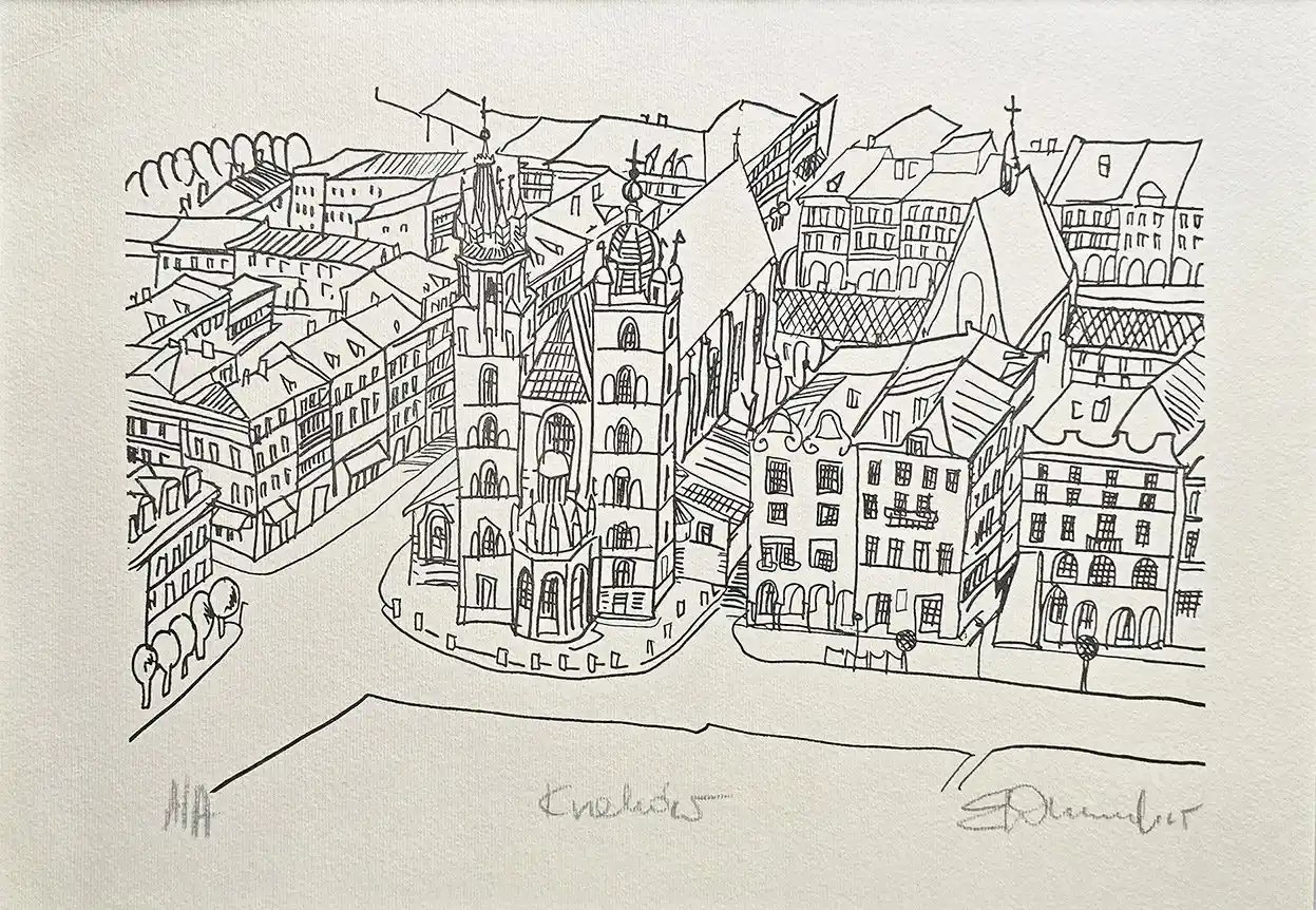 Zdjęcie obrazu Kraków Kościół Mariacki (sygn. przez autora) - Edward Dwurnik (1943 - 2018). Foksal17 - Galeria Sztuki w Warszawie.