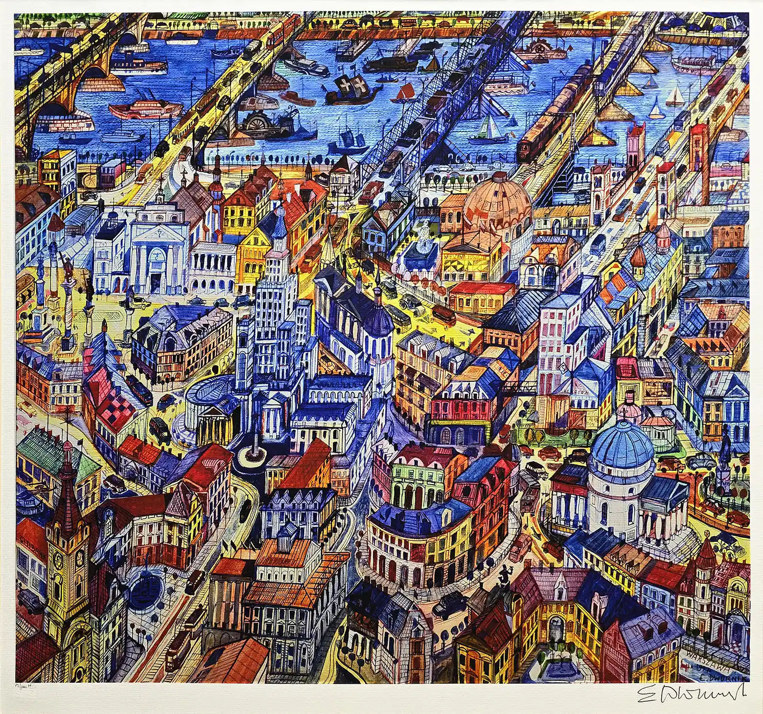 Zdjęcie obrazu Most na Wiśle i Pałac Kultury z cyklu  - Edward Dwurnik (1943 - 2018). Foksal17 - Galeria Sztuki w Warszawie.